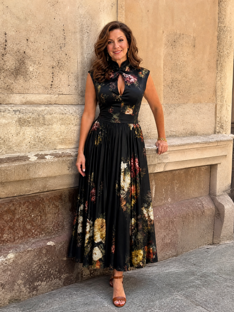 Vimoza | Midi-Kleid mit Blumendruck, Schlüssellochaus schnitt & Cap-Ärmeln