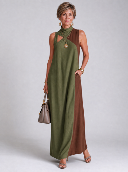 Zorynthia | Ärmelloses Midi-Kleid im Colorblock-Design mit hohem Ausschnitt & Cutout