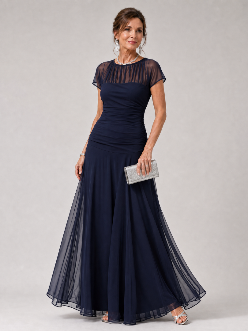 Aurethia | Maxi-Kleid mit transparentem Mesh-Joch, Raffung & Cap-Ärmeln