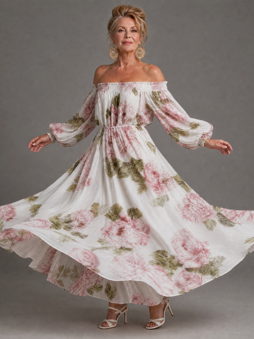 Euram | Off-Shoulder Maxi-Kleid mit Blumendruck & langen Ballonärmel