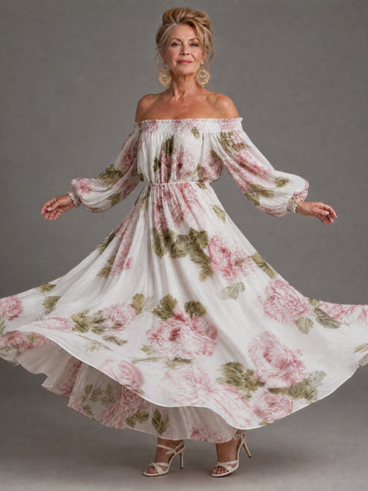 Euram | Off-Shoulder Maxi-Kleid mit Blumendruck & langen Ballonärmel