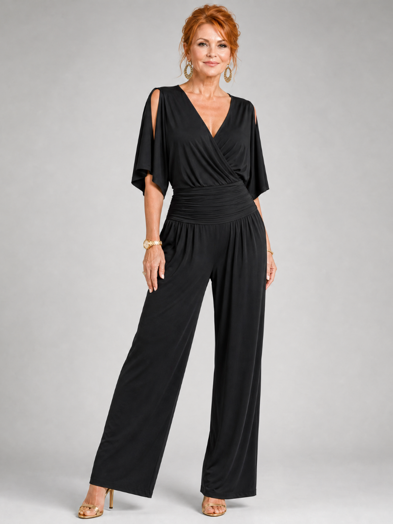 Juman | Jumpsuit mit Cold-Shoulder, Wickel-V-Ausschnitt & Weithose