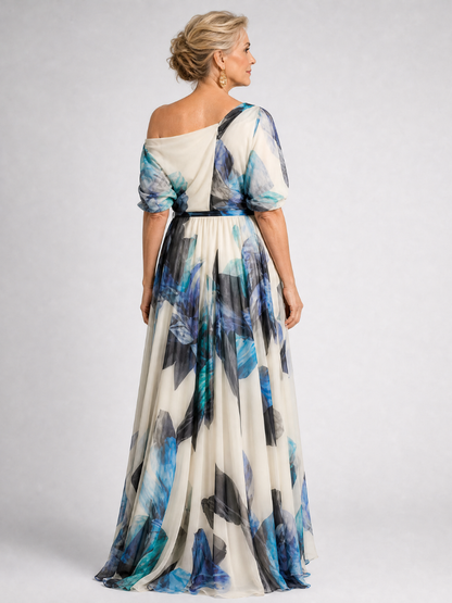 Lysanthe | Off-Shoulder Maxi-Kleid mit Blumendruck & Taillenschleife