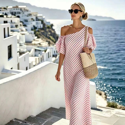 Gestreiftes Off-Shoulder-Kleid in Fließendem Schnitt
