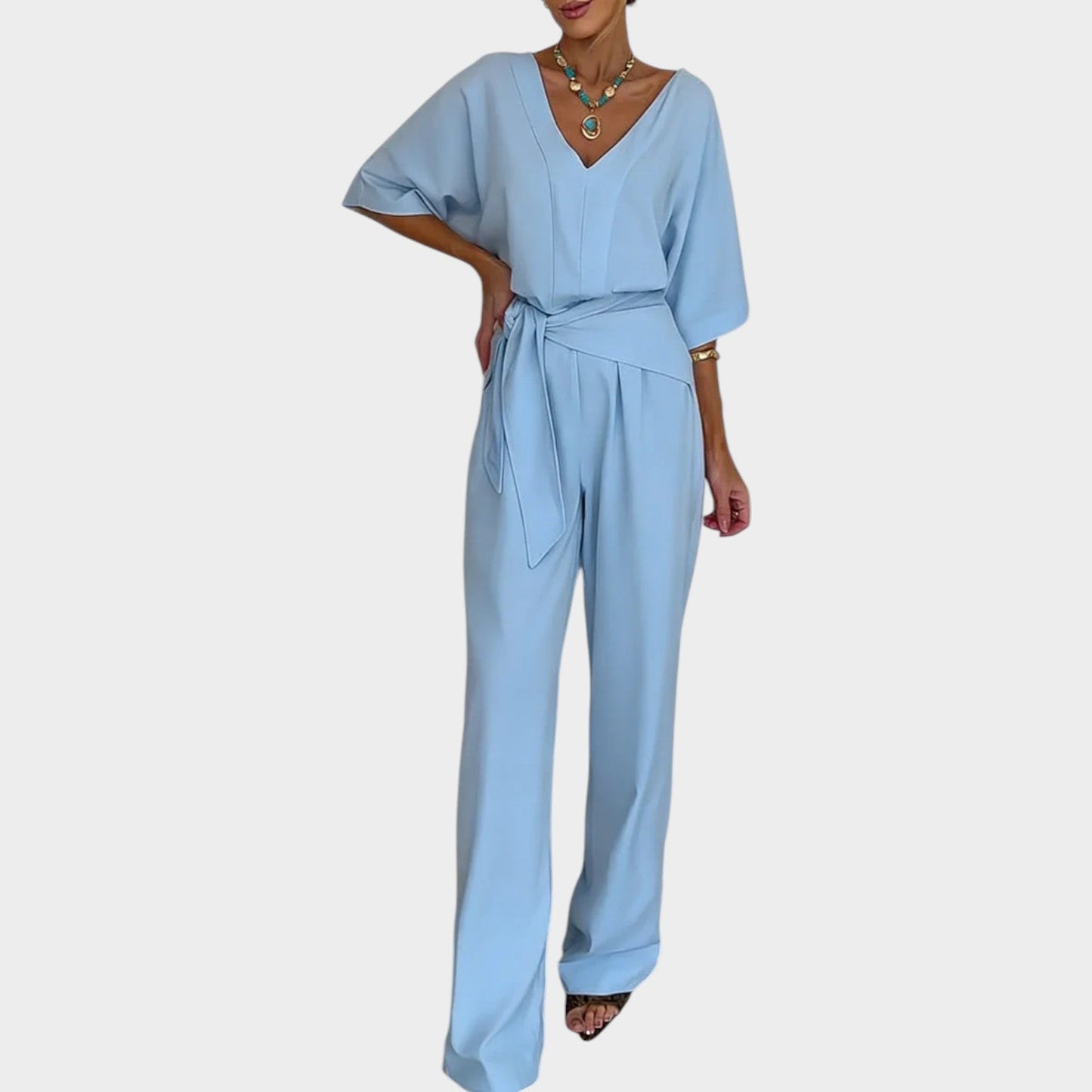 Vera | Eleganter Jumpsuit mit V-Ausschnitt & Bindegürtel | Weithose