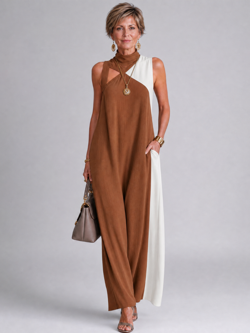 Zorynthia | Ärmelloses Midi-Kleid im Colorblock-Design mit hohem Ausschnitt & Cutout