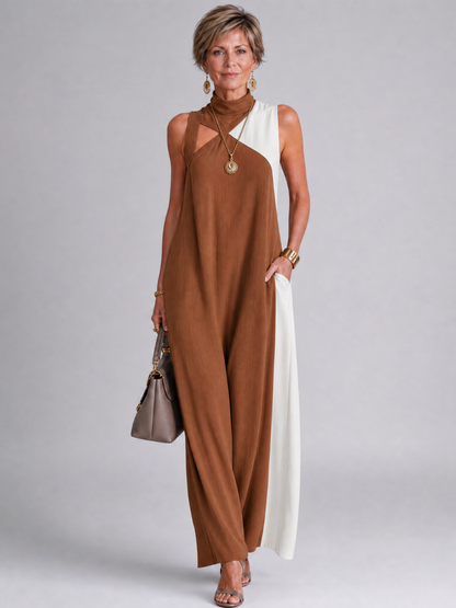 Zorynthia | Ärmelloses Midi-Kleid im Colorblock-Design mit hohem Ausschnitt & Cutout