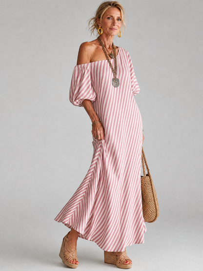 Ilyndra | Midi-Kleid mit Streifenmuster, Empire-Taille & Kurzarm