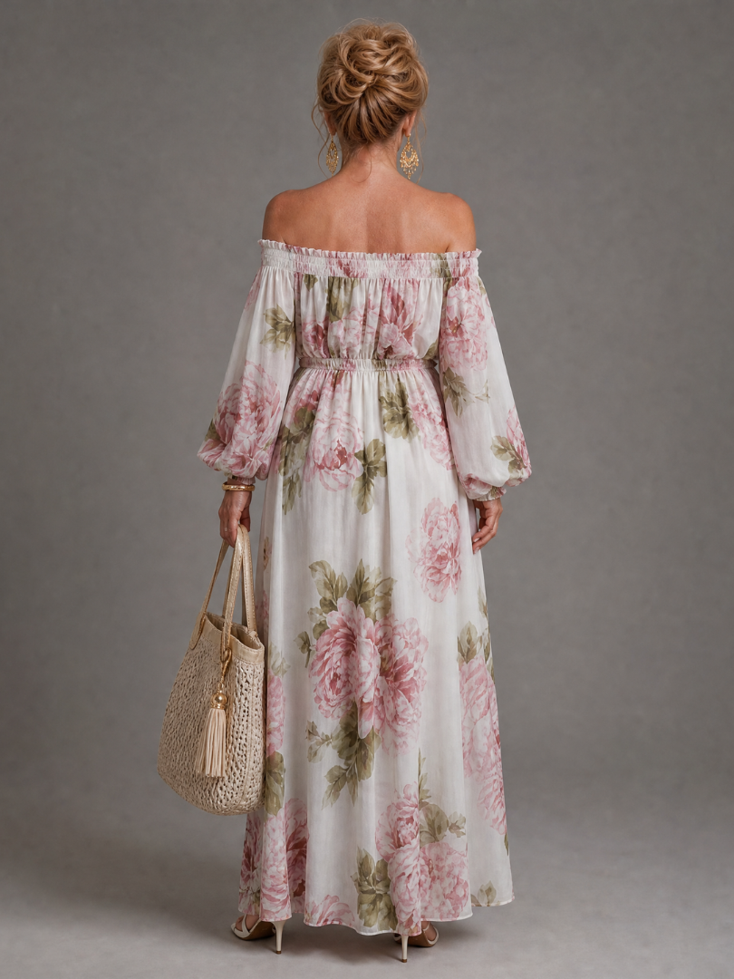 Euram | Off-Shoulder Maxi-Kleid mit Blumendruck & langen Ballonärmel