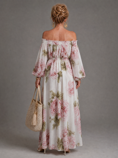 Euram | Off-Shoulder Maxi-Kleid mit Blumendruck & langen Ballonärmel