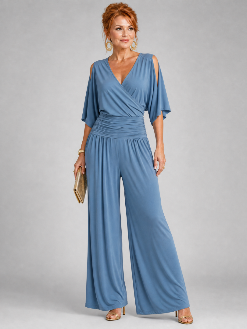 Juman | Jumpsuit mit Cold-Shoulder, Wickel-V-Ausschnitt & Weithose