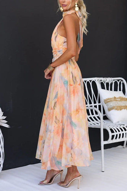 Lotte™ - Lange Kleid mit Aquarelldruck und Halterneck
