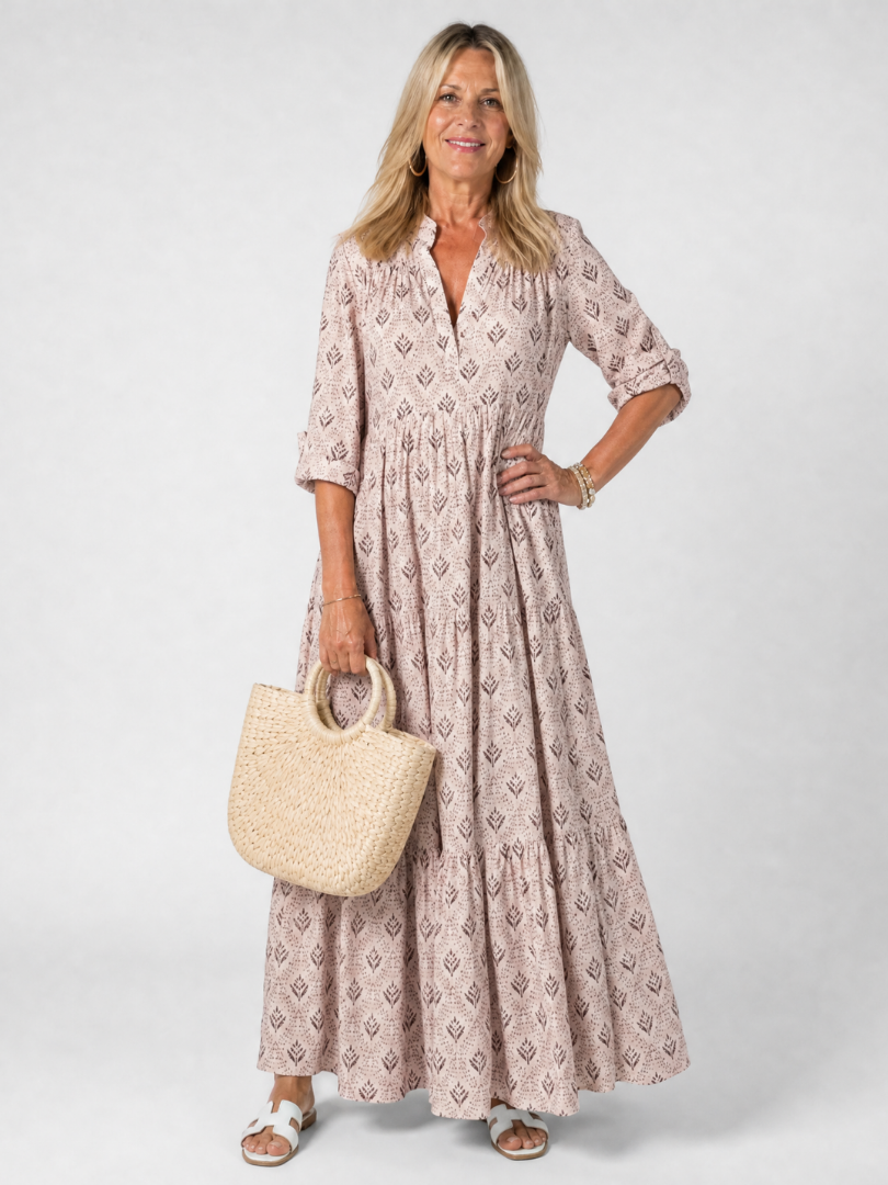 Zirelle | Maxi-Kleid mit Print, Kragen, Knopfleiste & aufgekrempelten Ärmeln