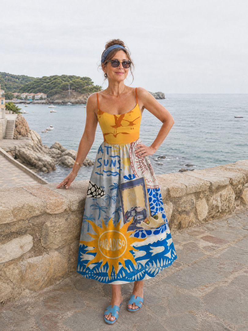 Zarman | Ärmelloses Midi-Kleid mit Coastal-Print, zarten Trägern & tailliertem Oberteil