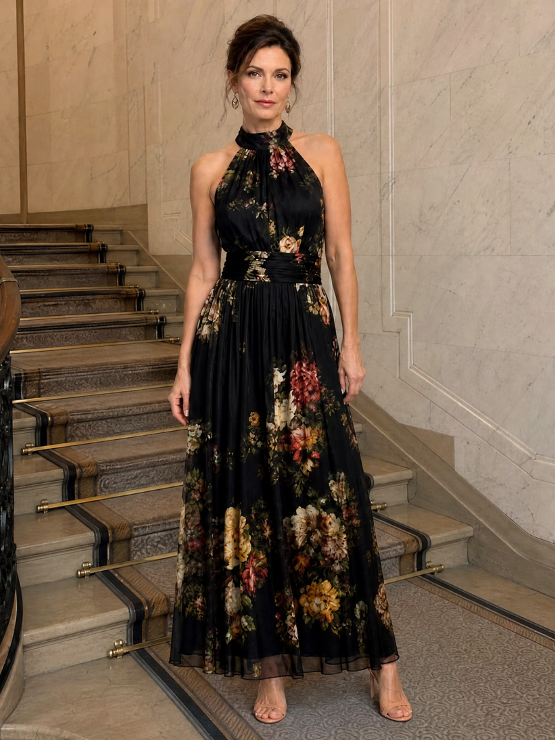 Sior | Midi-Kleid mit Blumendruck, Halterneck & taillierter Passform