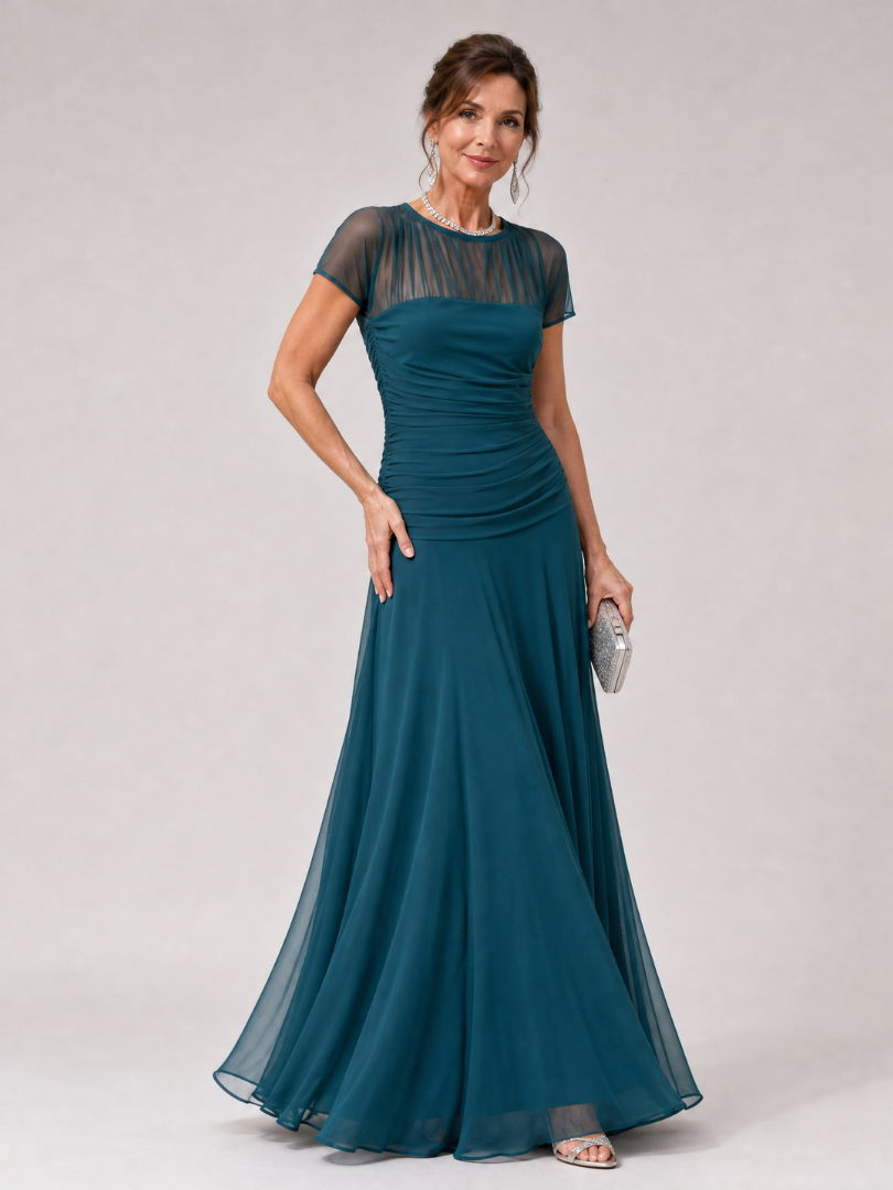 Aurethia | Maxi-Kleid mit transparentem Mesh-Joch, Raffung & Cap-Ärmeln