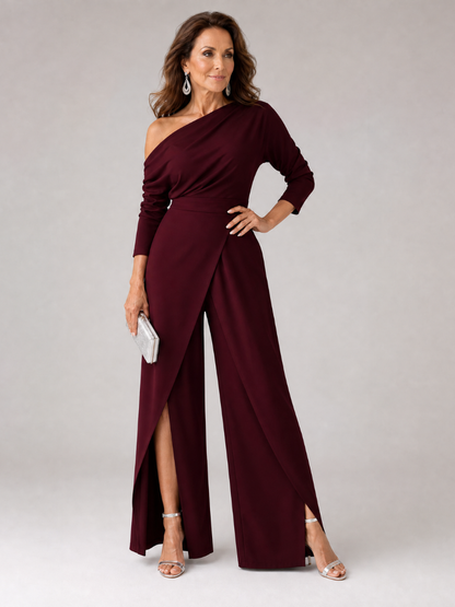 Emily | One-Shoulder Jumpsuit mit Weithose & Drapierung | 3/4-Ärmel