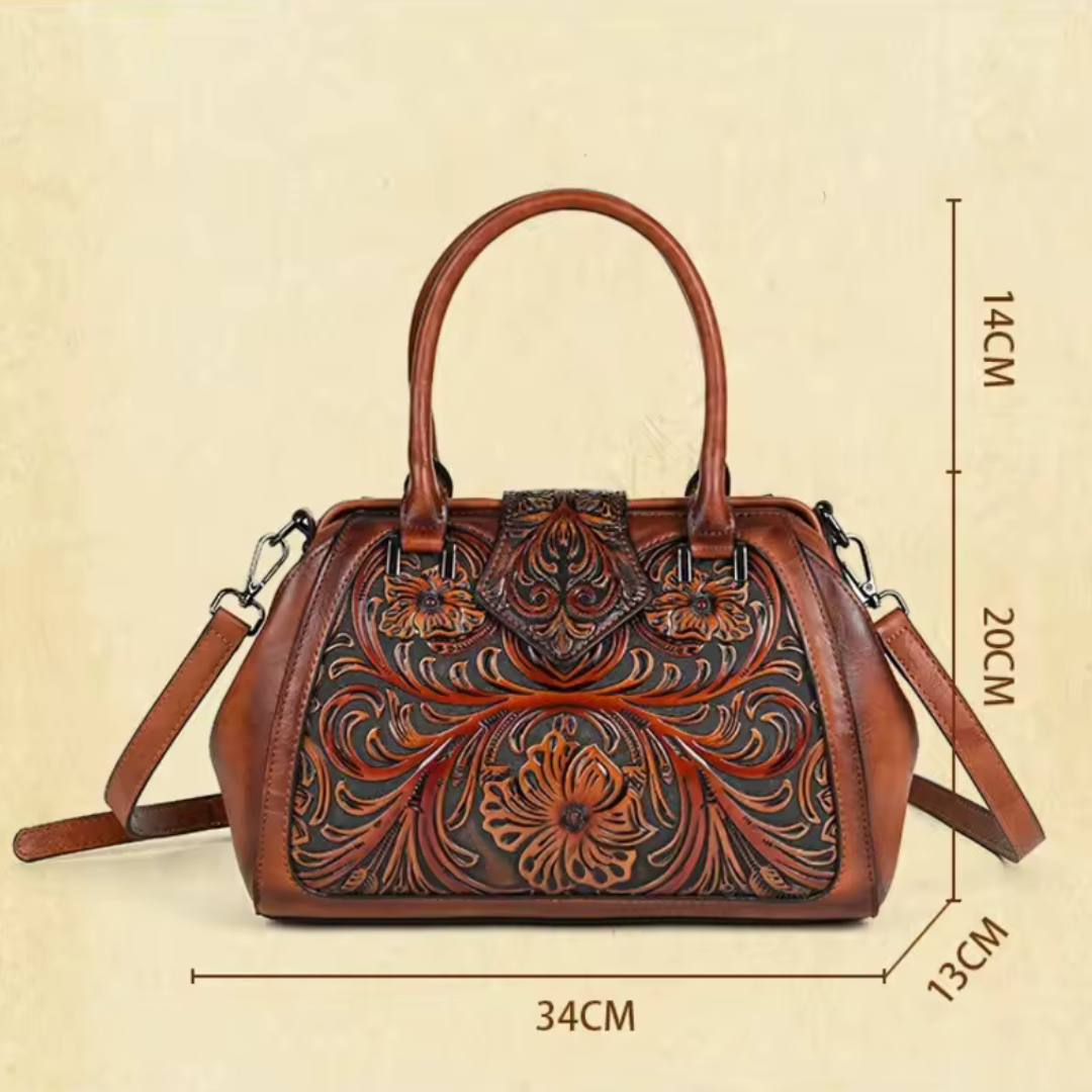 Florina - Gegravierte Lederhandtasche mit Blumenmuster