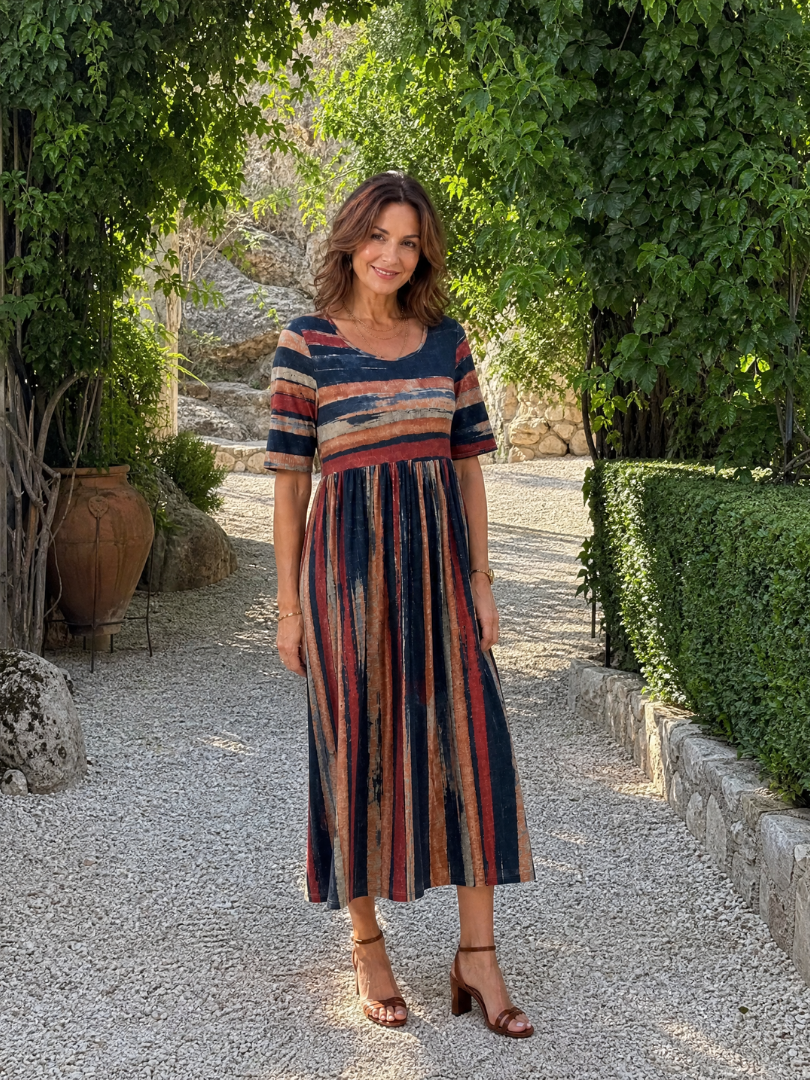 Maelisande | One-Shoulder Midi-Kleid mit Streifenmuster & Puffmärmeln