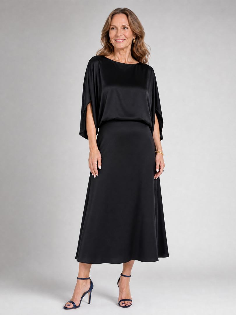 Quenara | Midi-Kleid mit Draped Overlay & Bootsausschnitt
