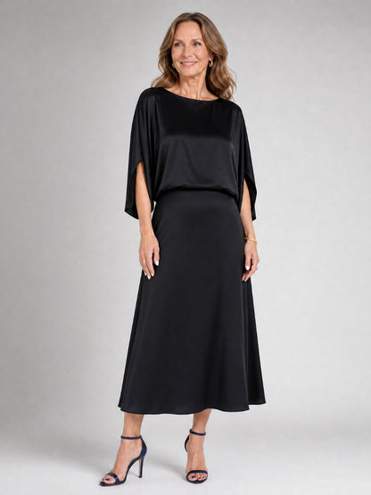 Quenara | Midi-Kleid mit Draped Overlay & Bootsausschnitt