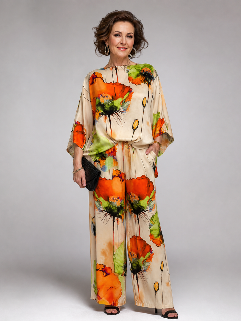 Zorielle | Zweiteiliges Blumenprint-Set mit drapierten Ärmeln & weitem Beinkleid