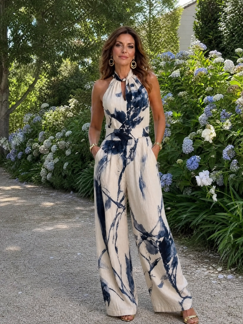 Xylene | Jumpsuit mit Print, Halter-Neck, weitem Bein & Seitentaschen