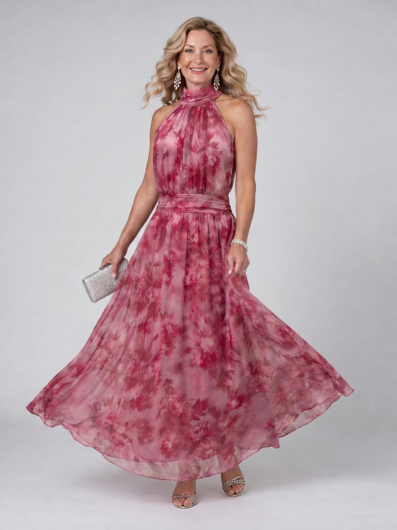 Avien | Midi-Kleid mit Neckholder-Ausschnitt, gerafftem Oberteil & fließendem Rock