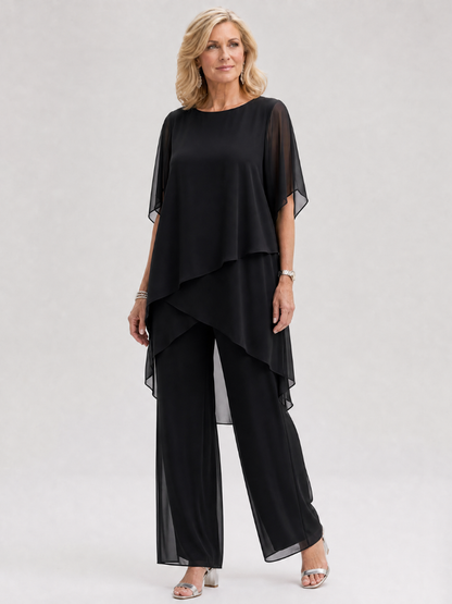 Nimon | Zweiteiliges Chiffon-Set mit gelagerten Drapier-Ärmeln & Weithose