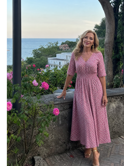 Zorynne | Midi-Kleid mit V-Ausschnitt & Ellenbogenlangen Ärmeln