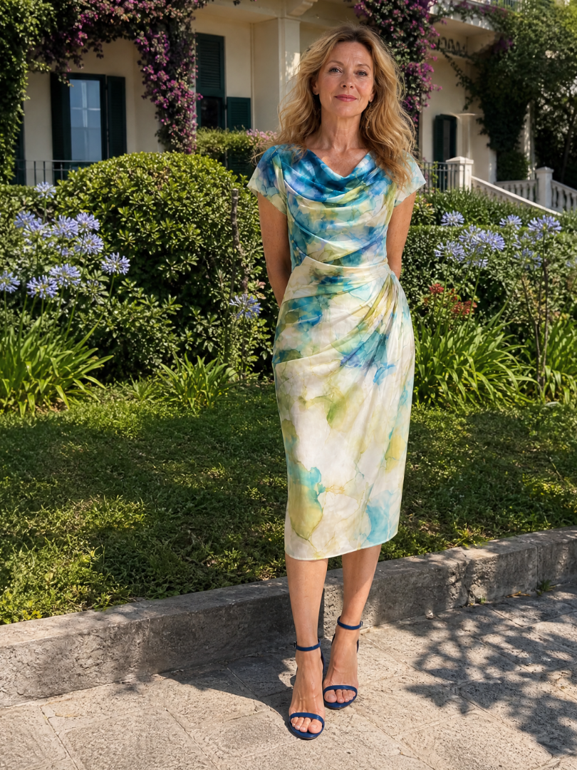 Elsinora | Midi-Kleid mit Blumendruck, Drapé-Ausschnitt & tailliertem Schnitt