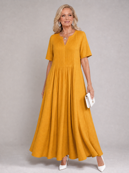 Vuma | Midi-Kleid mit V-Ausschnitt, Kurzarm & Plissee-Detail