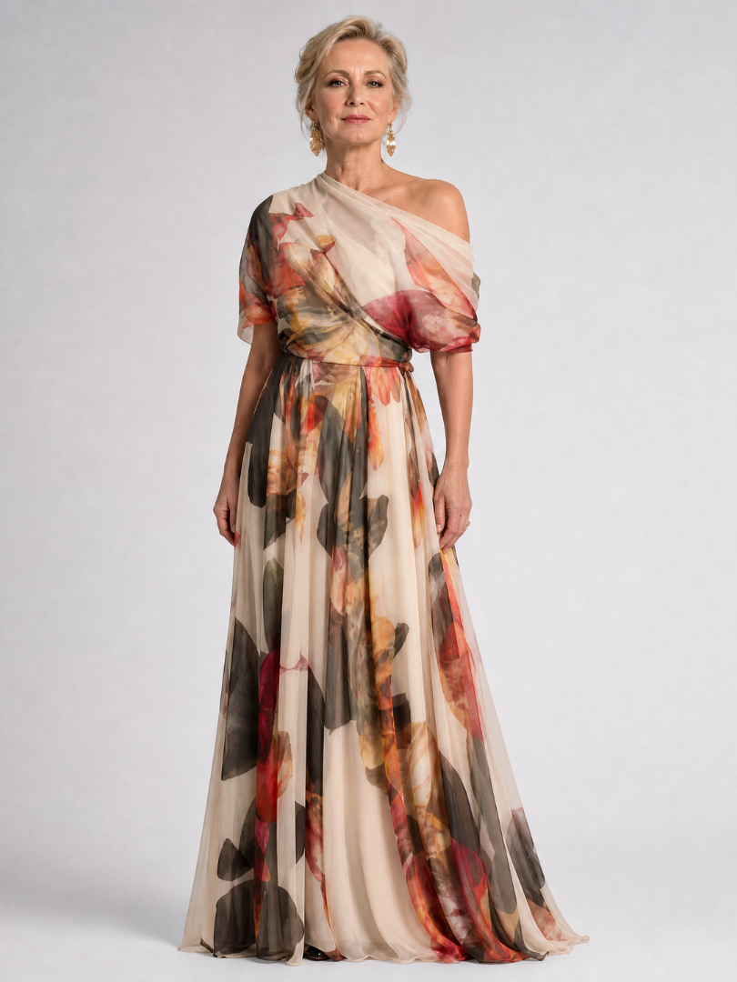 Lysanthe | Off-Shoulder Maxi-Kleid mit Blumendruck & Taillenschleife