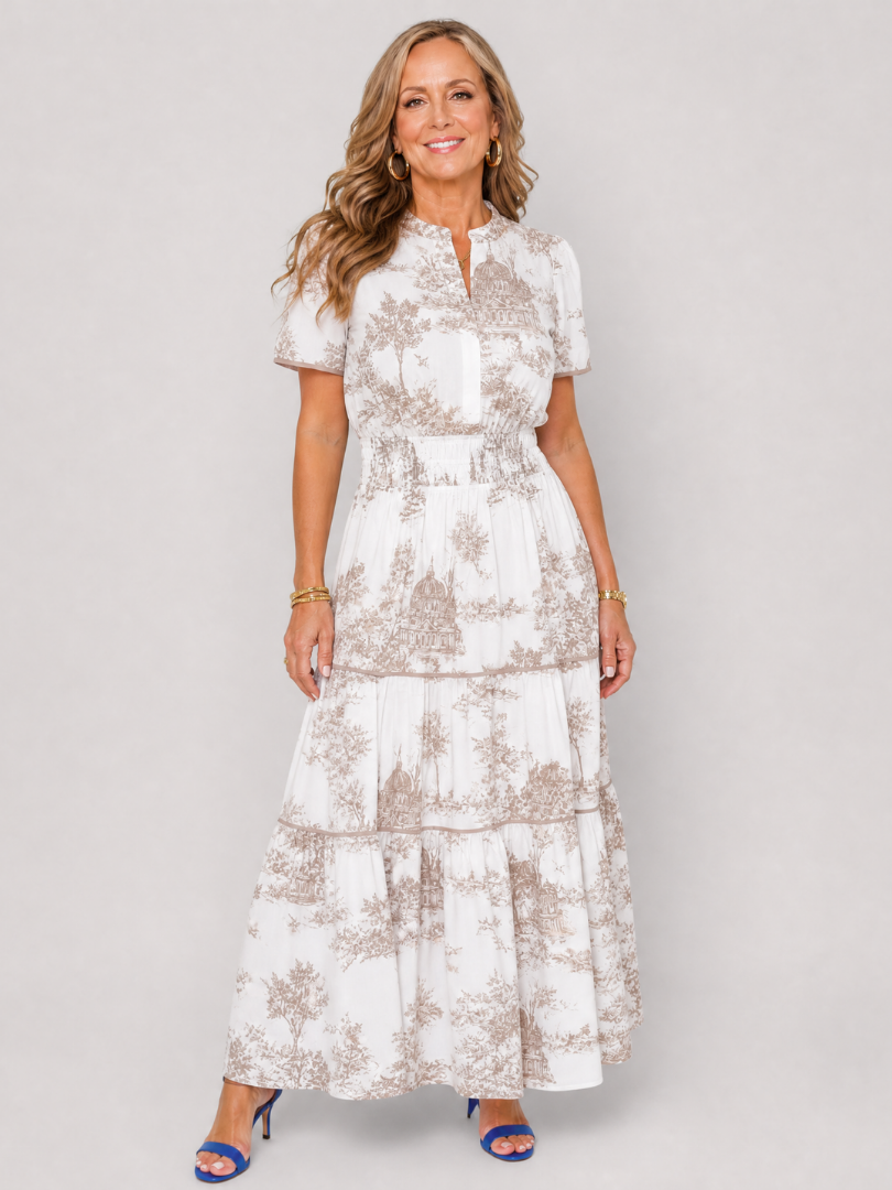 Seraphine | Midi-Kleid mit gestuftem Rock, Kurzarm & Knopfausschnitt