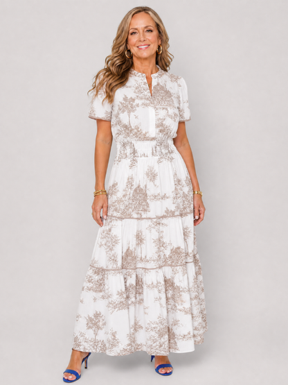 Seraphine | Midi-Kleid mit gestuftem Rock, Kurzarm & Knopfausschnitt