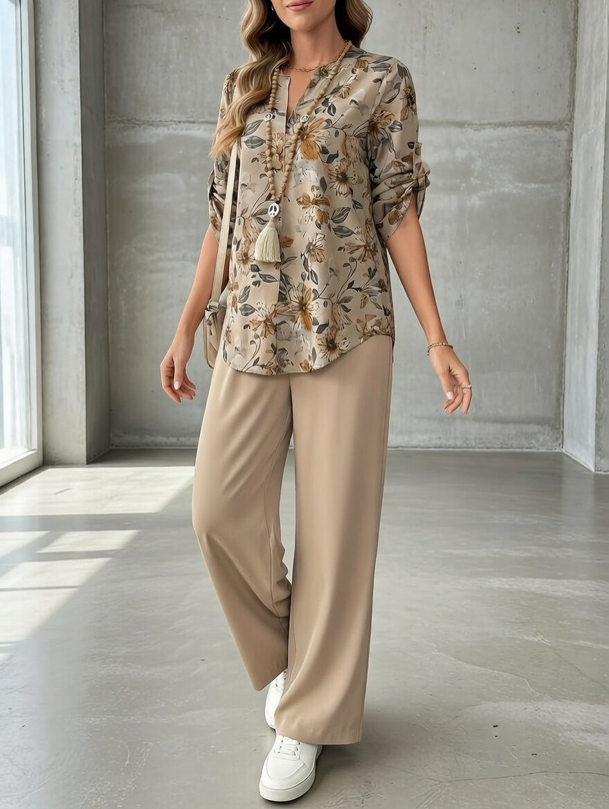 Ilaria | Fließendes Blumen-Set | Bluse & Weithose in Beige