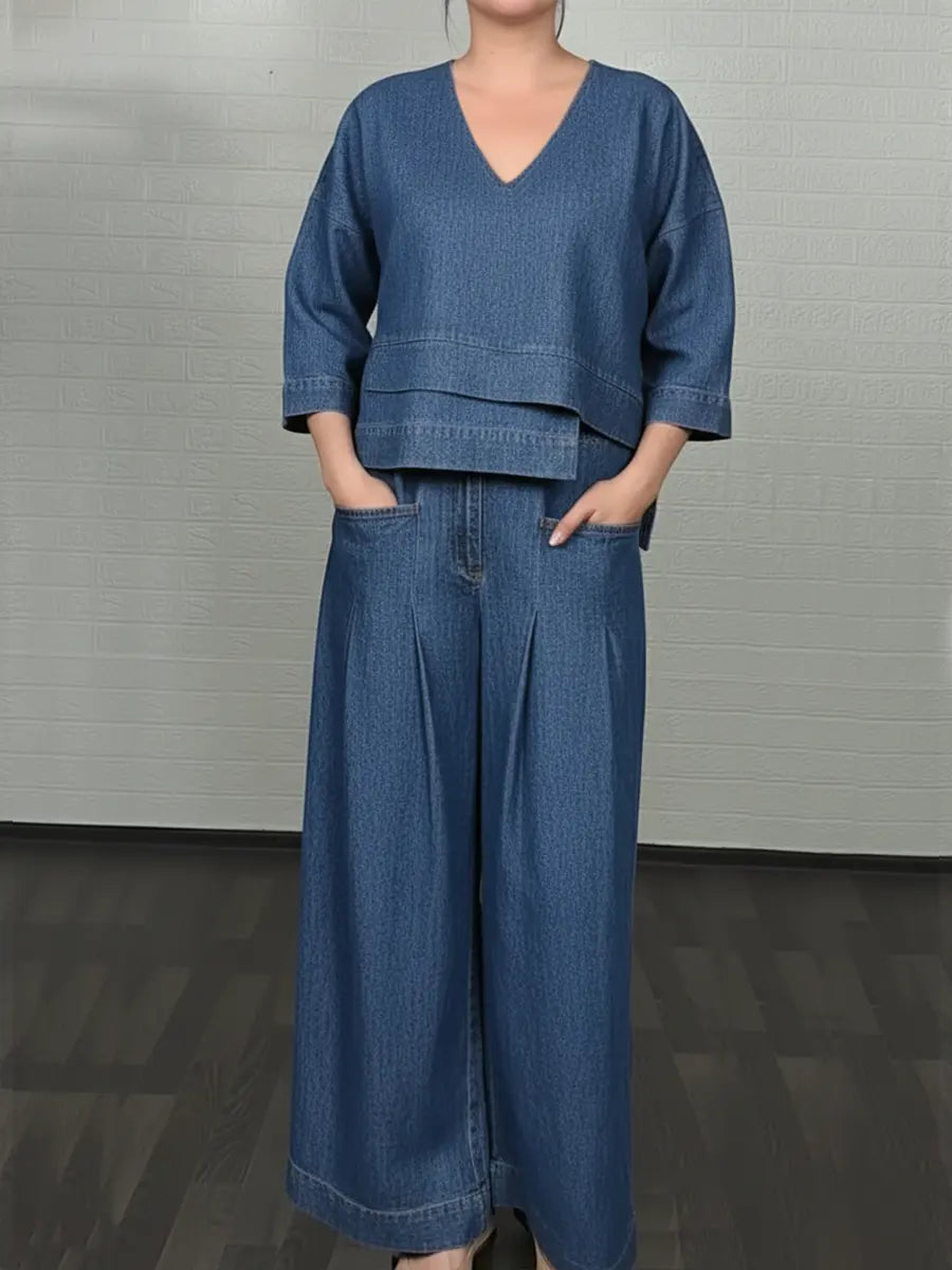 Lässiges Denim-Baumwoll-Set mit Top und Hose