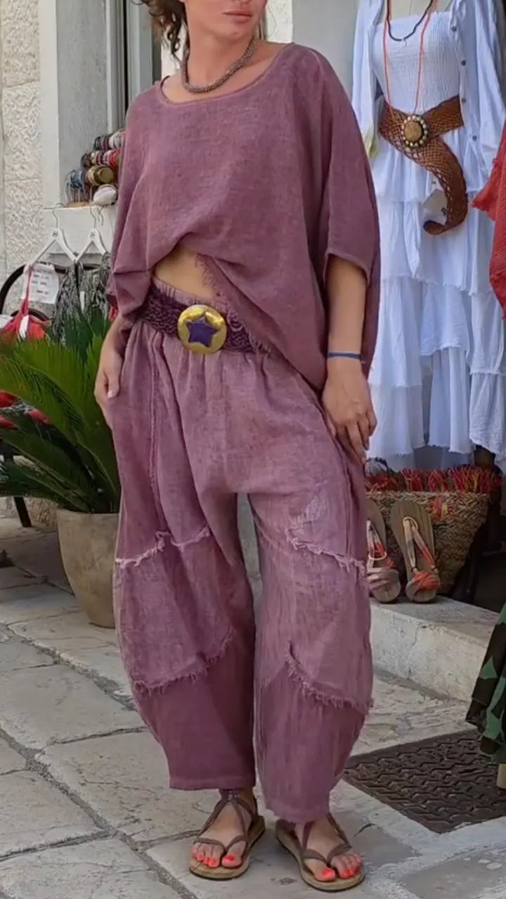 Mauve Geraffeltes Leinen Zweiteiliges Set