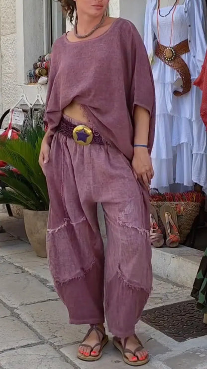 Mauve Geraffeltes Leinen Zweiteiliges Set