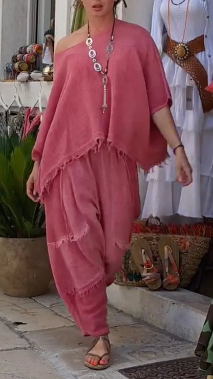 Mauve Geraffeltes Leinen Zweiteiliges Set
