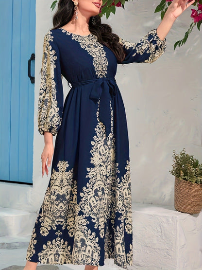 Langes Swing-Kleid mit V-Ausschnitt und Print