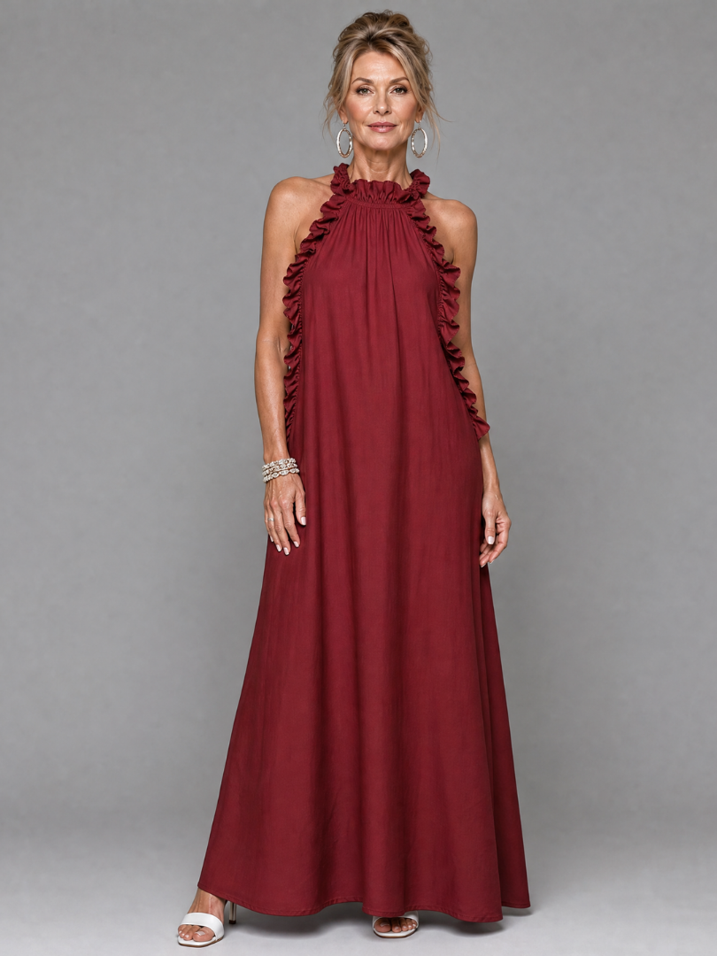Euman | Ärmelloses Maxi-Kleid mit Rüschenkragen & Seitentaschen