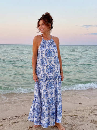 Imene | Ärmelloses Midi-Kleid mit Neckholder & gestuften Paneelen | Leichter Sommerkleid-Look