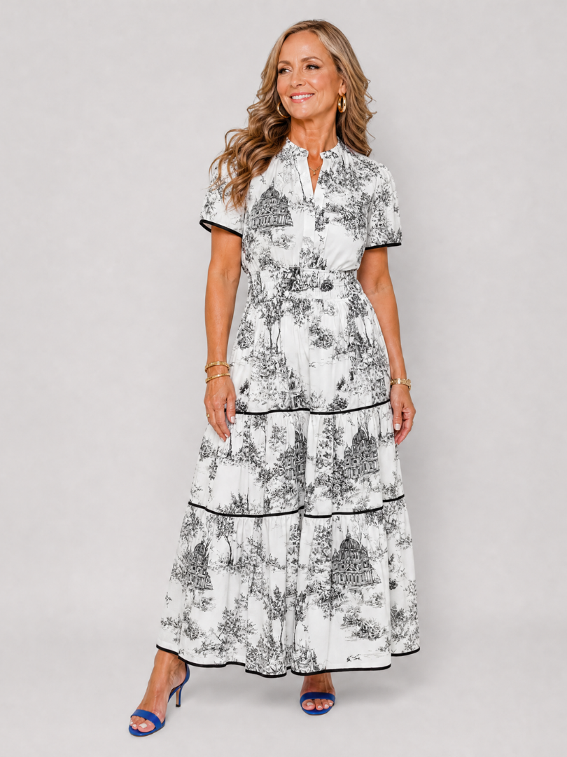 Seraphine | Midi-Kleid mit gestuftem Rock, Kurzarm & Knopfausschnitt