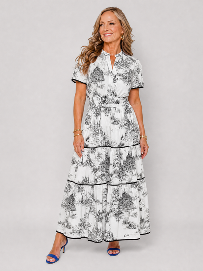 Seraphine | Midi-Kleid mit gestuftem Rock, Kurzarm & Knopfausschnitt