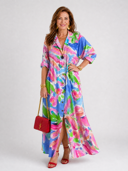 Valeska | Midi-Kleid mit abstraktem Druck, Kragen-V-Ausschnitt & Dreiviertelaärmeln
