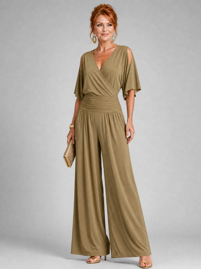 Juman | Jumpsuit mit Cold-Shoulder, Wickel-V-Ausschnitt & Weithose