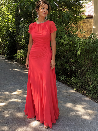 Aurethia | Maxi-Kleid mit transparentem Mesh-Joch, Raffung & Cap-Ärmeln