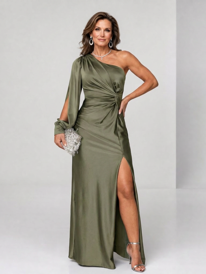 Roniol | One-Shoulder Maxi-Kleid mit Drapierung, asymmetrischem Ärmel & Beinschlitz
