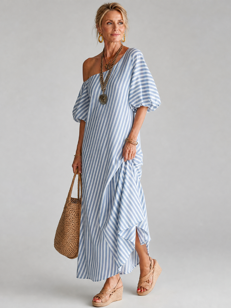 Ilyndra | Midi-Kleid mit Streifenmuster, Empire-Taille & Kurzarm